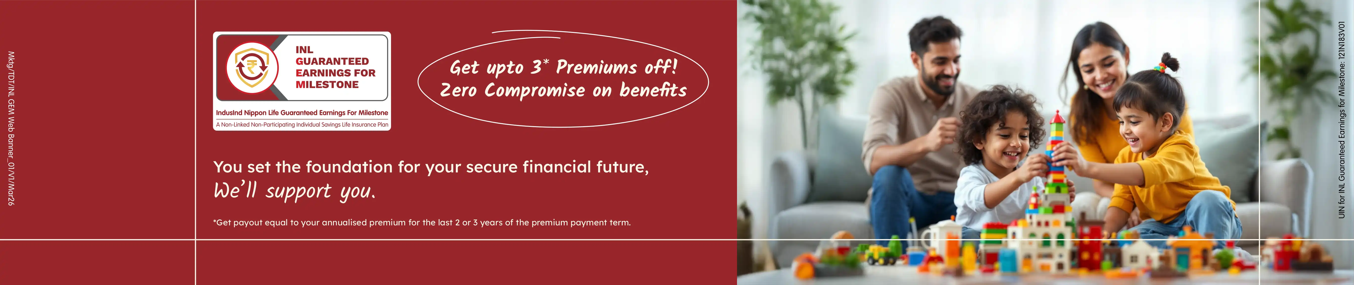 IndusInd Nippon Life Guaranteed Earnings for milestone plan showing family protection in web view 