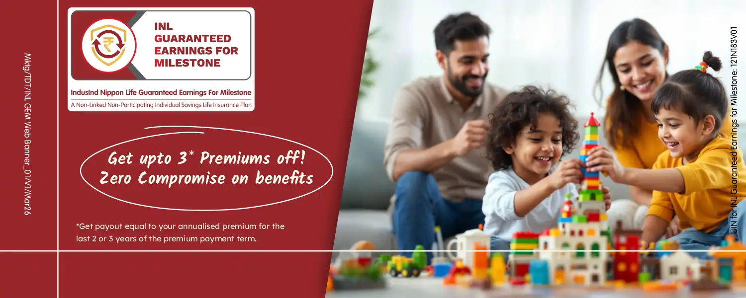 IndusInd Nippon Life Guaranteed Earnings for milestone plan showing family protection in mobile view 